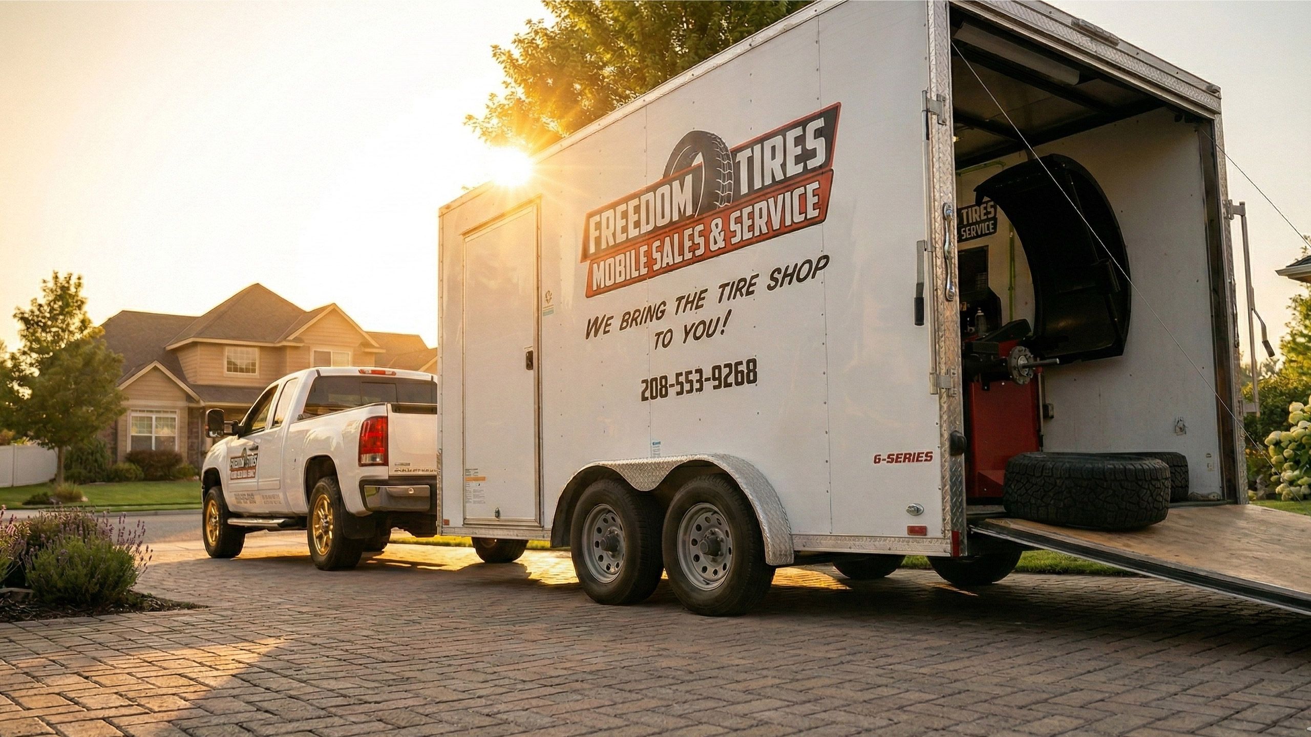 Freedom Tires mobile trailer set up in a residential driveway at golden hour